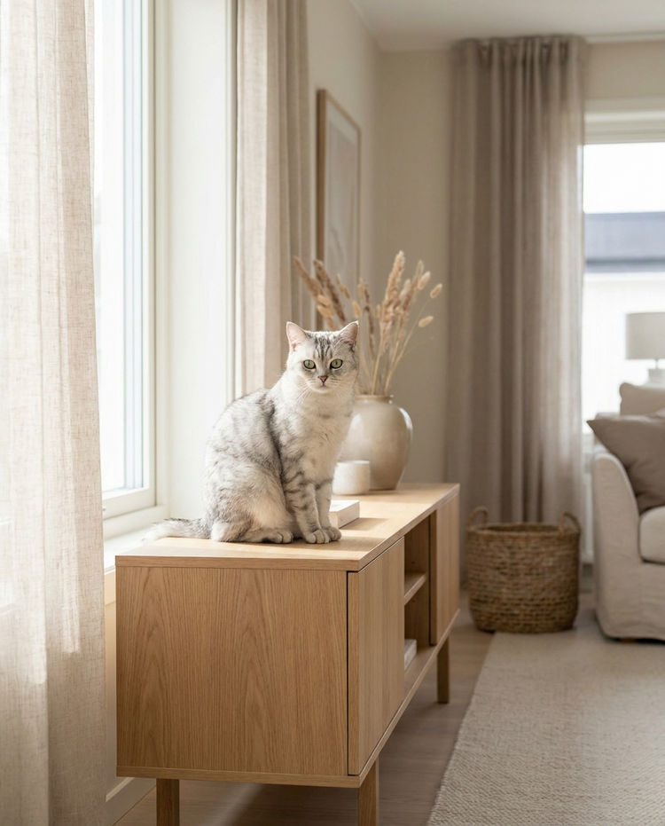 Gato em ambiente contemporâneo clean