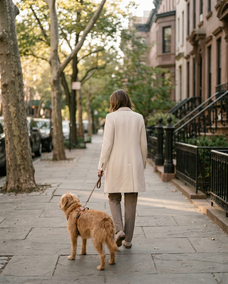 Tutor e cão em passeio urbano