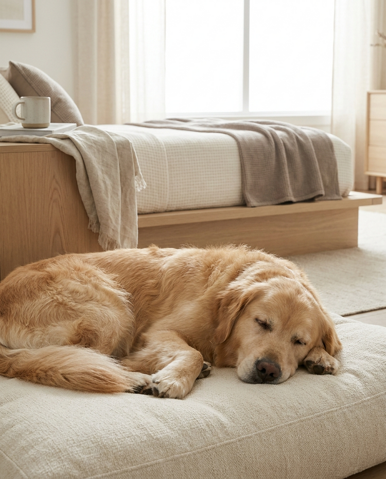 Pet descansando em ambiente residencial neutro