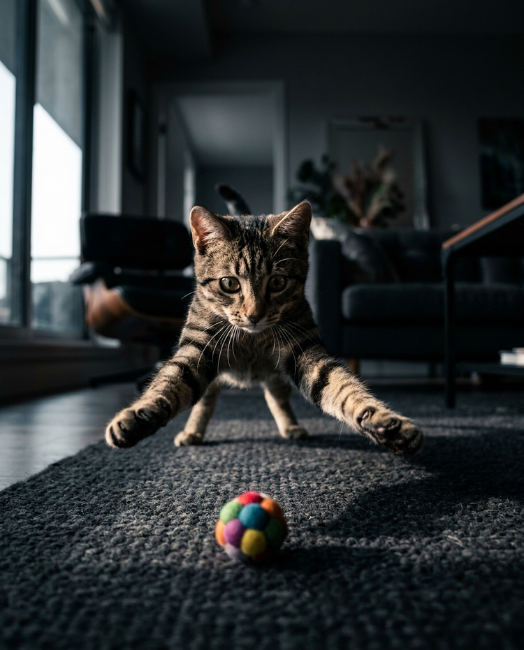Gato saltando atrás de uma bolinha de brinquedo