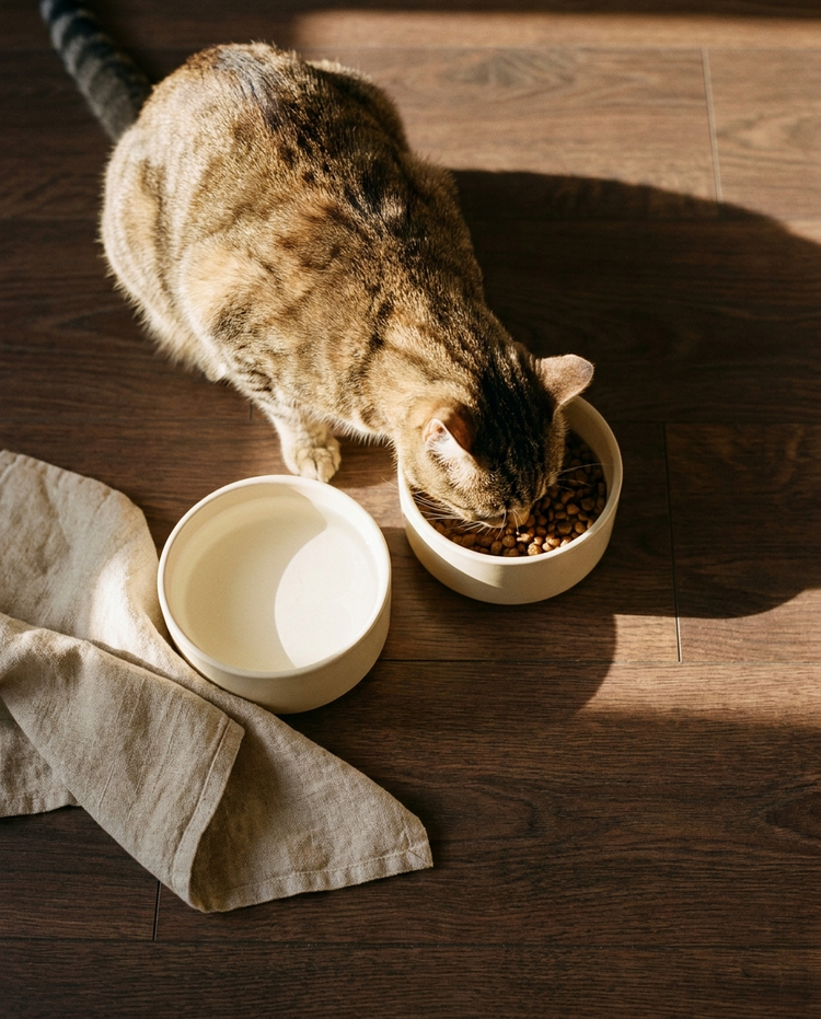 Gato comendo em tigela de cerâmica sobre piso de madeira