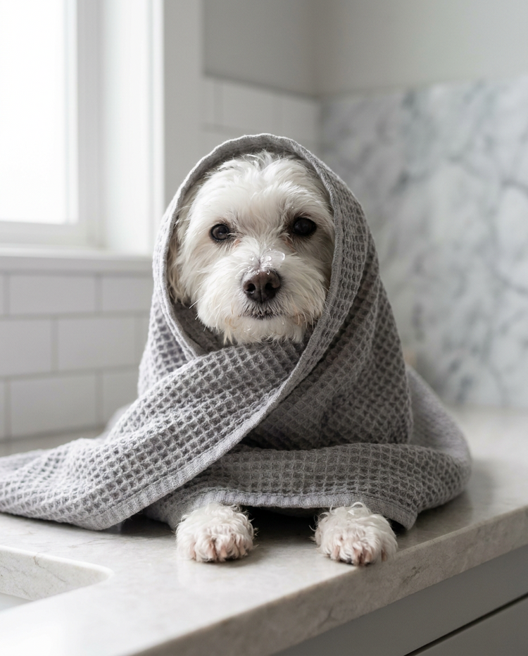 Cão recém-banhado enrolado em toalha cinza
