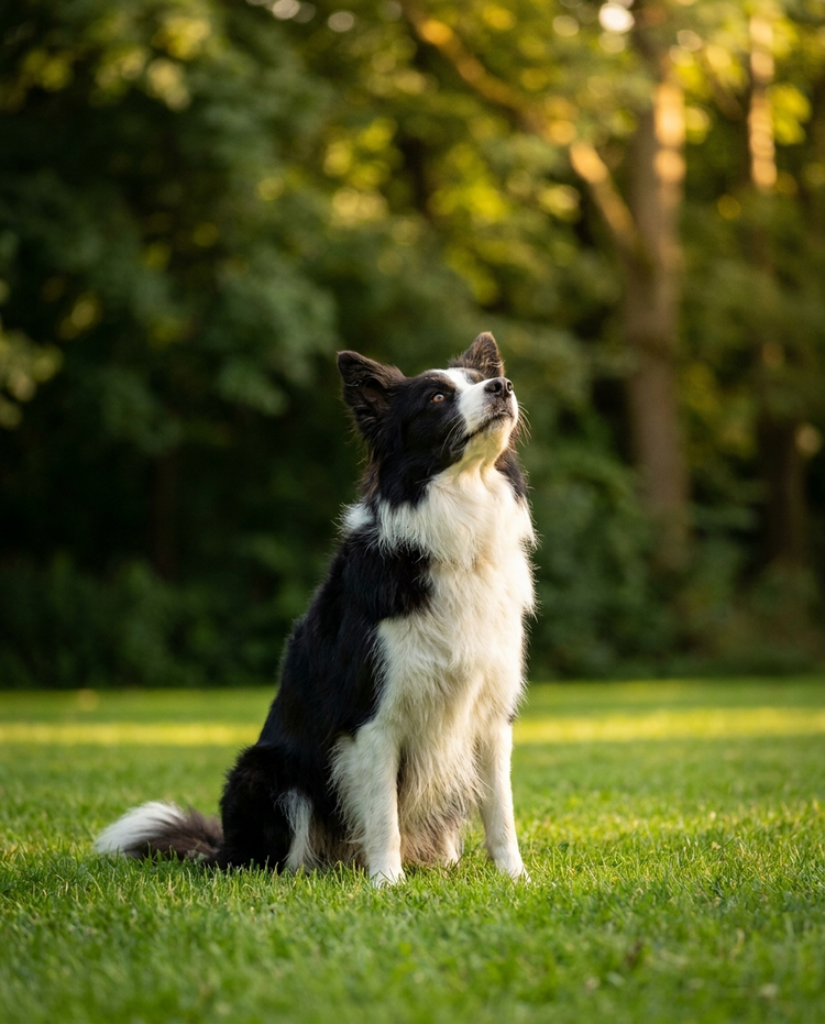 Border collie atento sentado na grama
