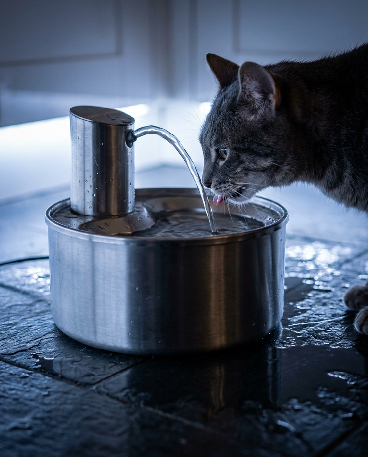 Gato bebendo em fonte de água automática de inox
