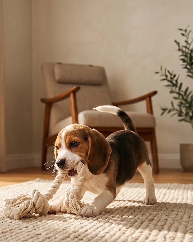 Beagle filhote brincando com uma corda de algodão sobre o tapete de juta da sala