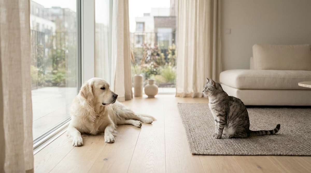 Cão e gato em sala iluminada — ambiente calmo e cuidado diário